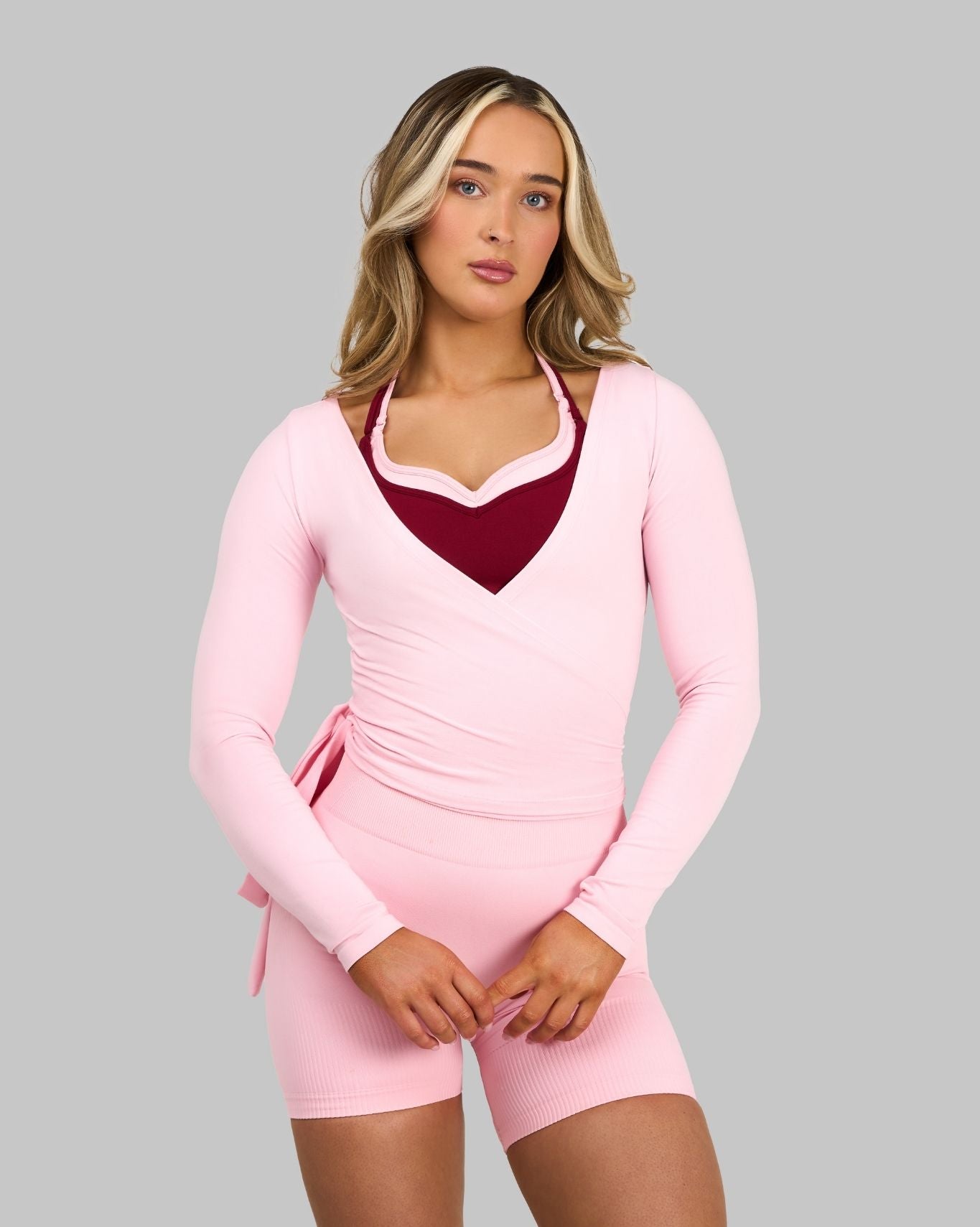 Multiway Long Sleeve Wrap Top | Cotton Pink