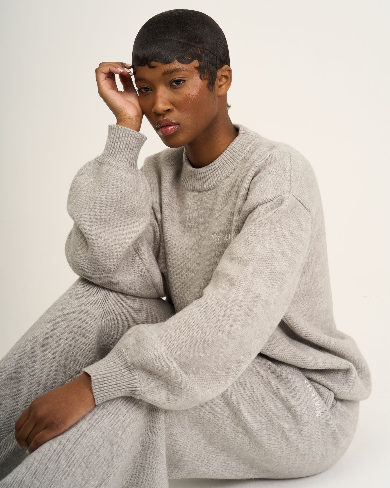 Essential Knitted Wide Leg Trouser | Stone