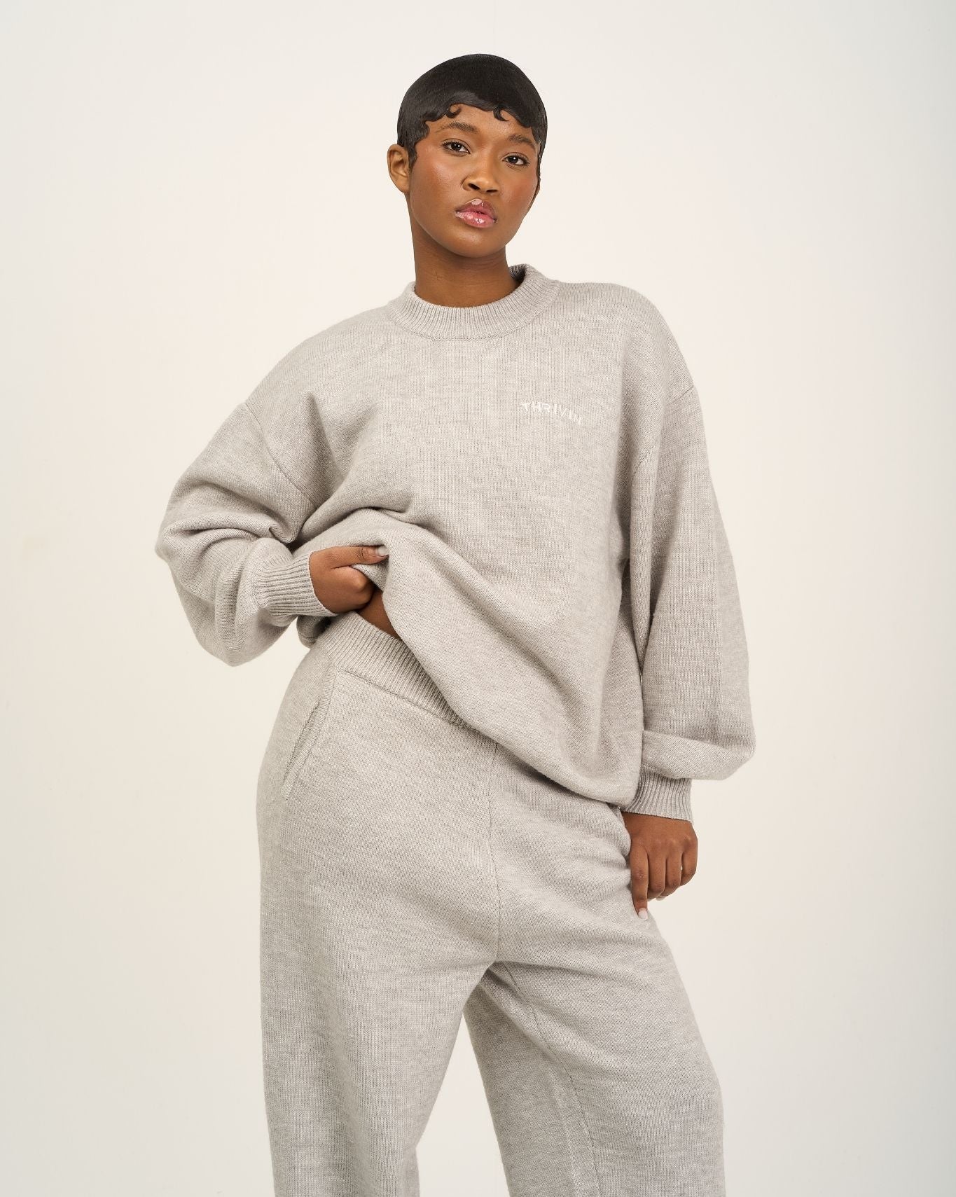 Essential Knitted Wide Leg Trouser | Stone